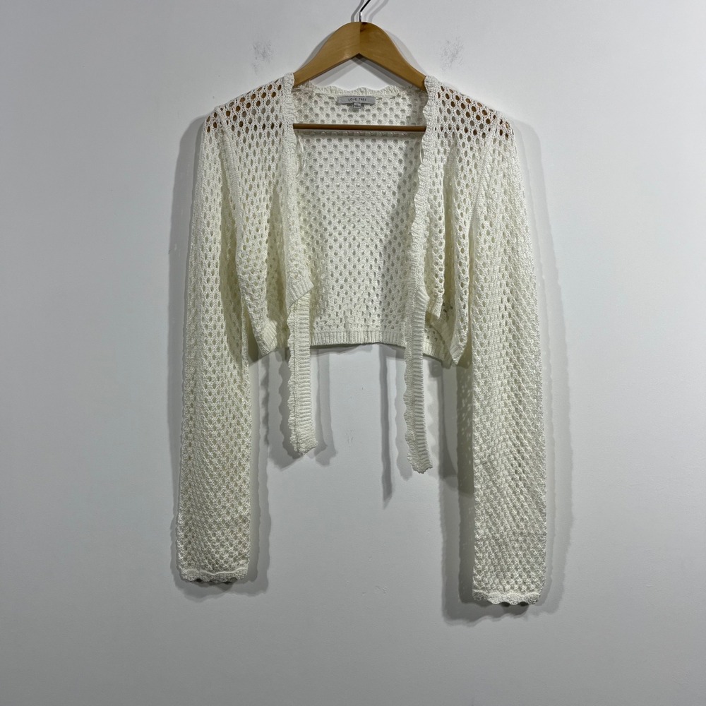 Love Tree Crochet Crop Cardigan Tie Front Open Knit Women Large Boho Cottagecore